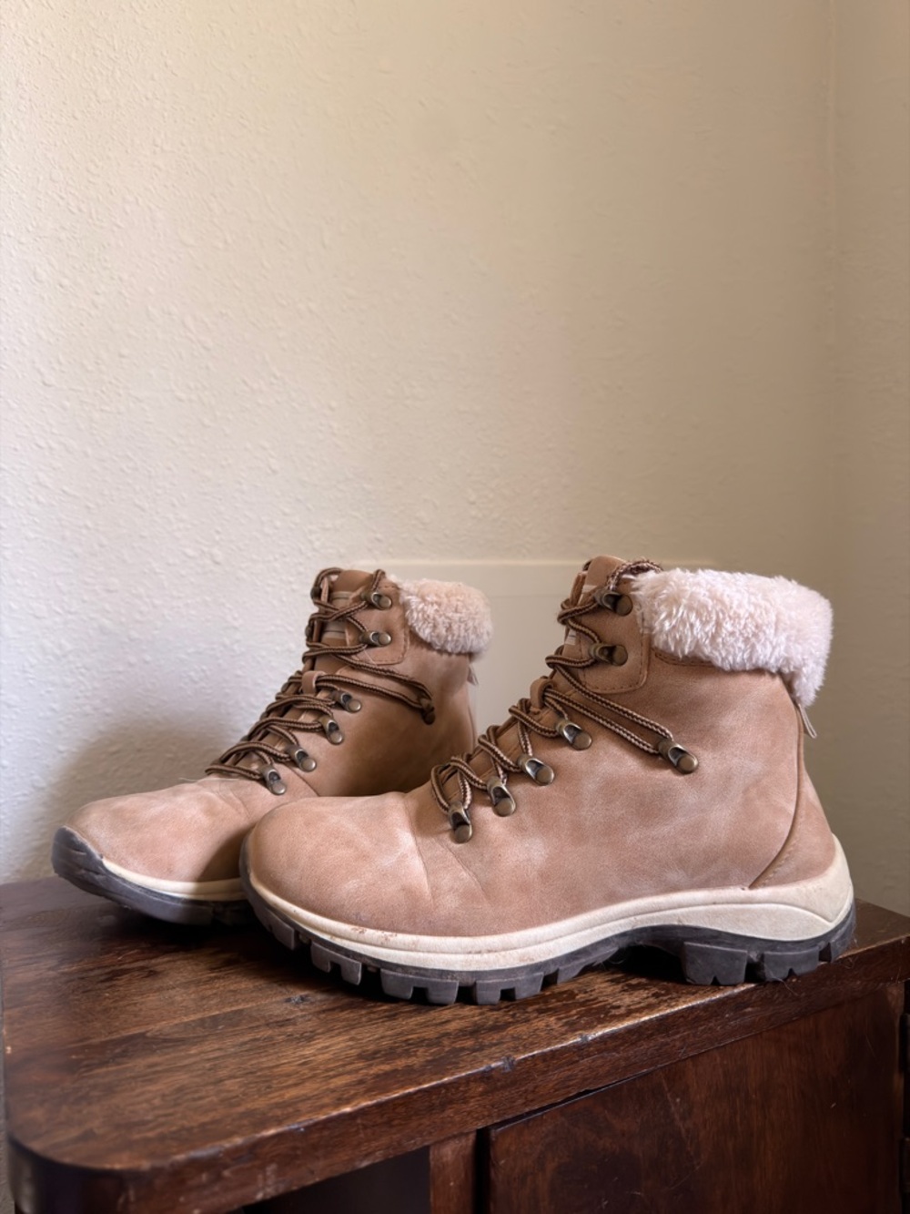 Women’s Taupe Faux-Shearling Hiking Boots